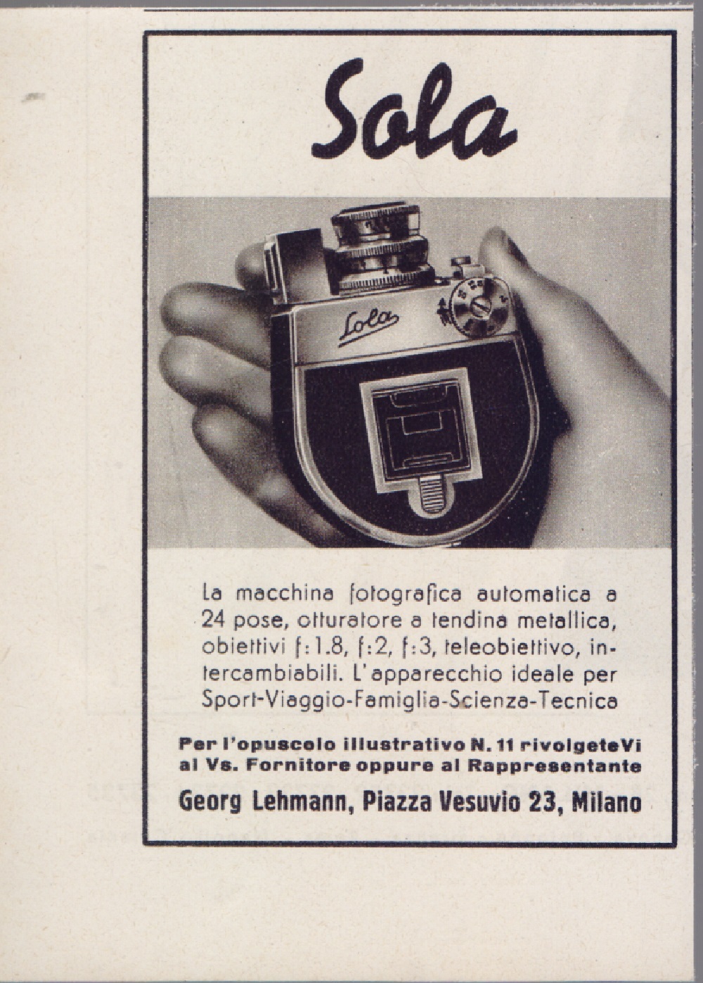 Macchina fotografica Sola. Advertising 1940