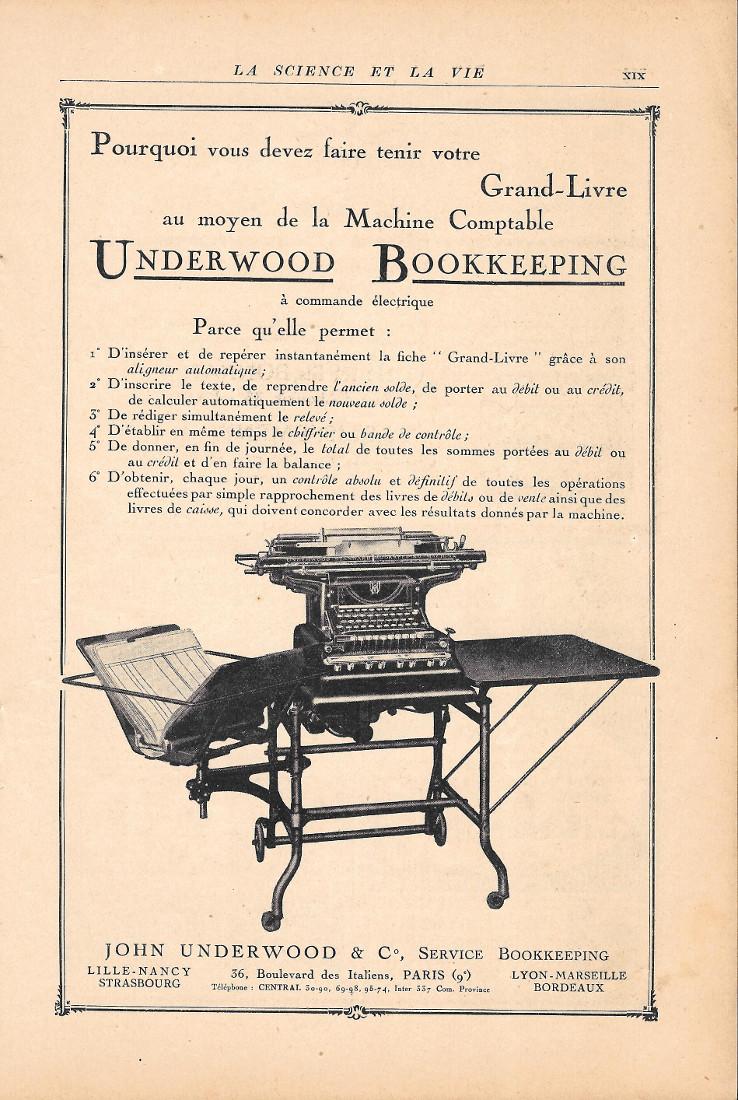 Machine comptable Underwood Bookkeping. John Underwood. Pubblicita 1923