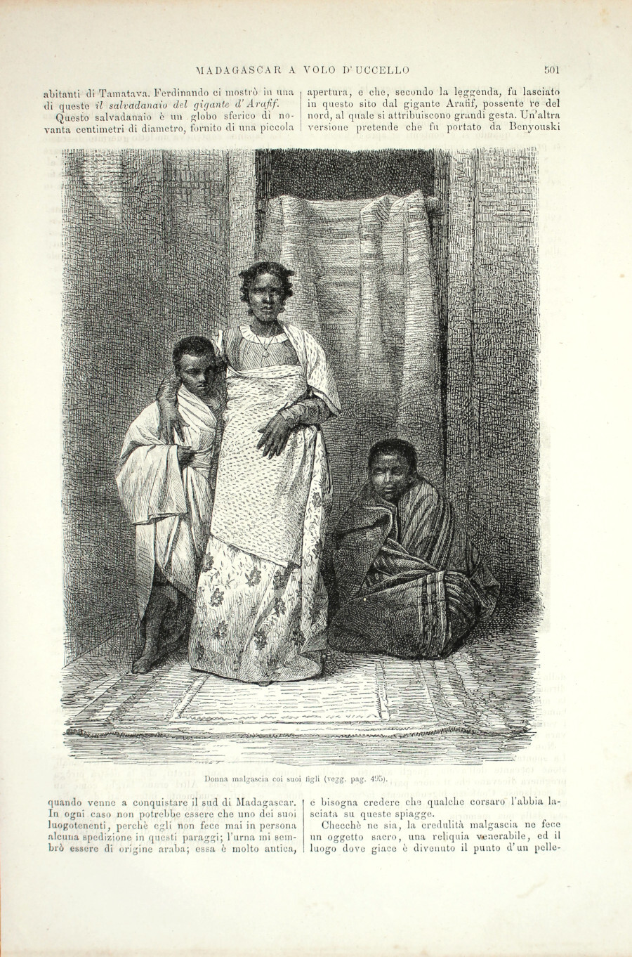 Madagascar: Donna malgascia con i suoi figli/Cimitero malgascio. Stampa 1864