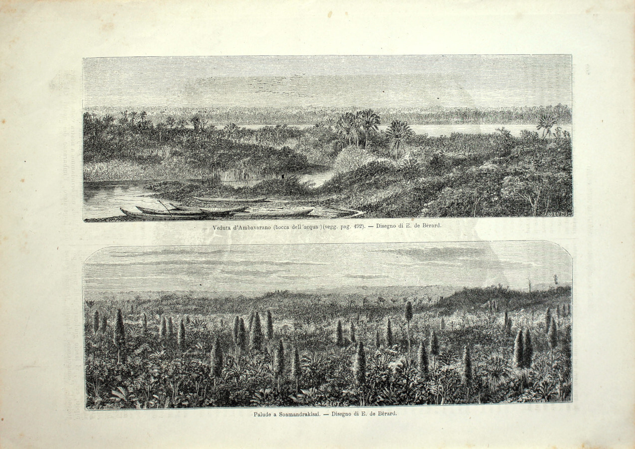 Madagascar: Veduta d'Ambavarano; Palude a Soamandrakisai. Stampa 1864
