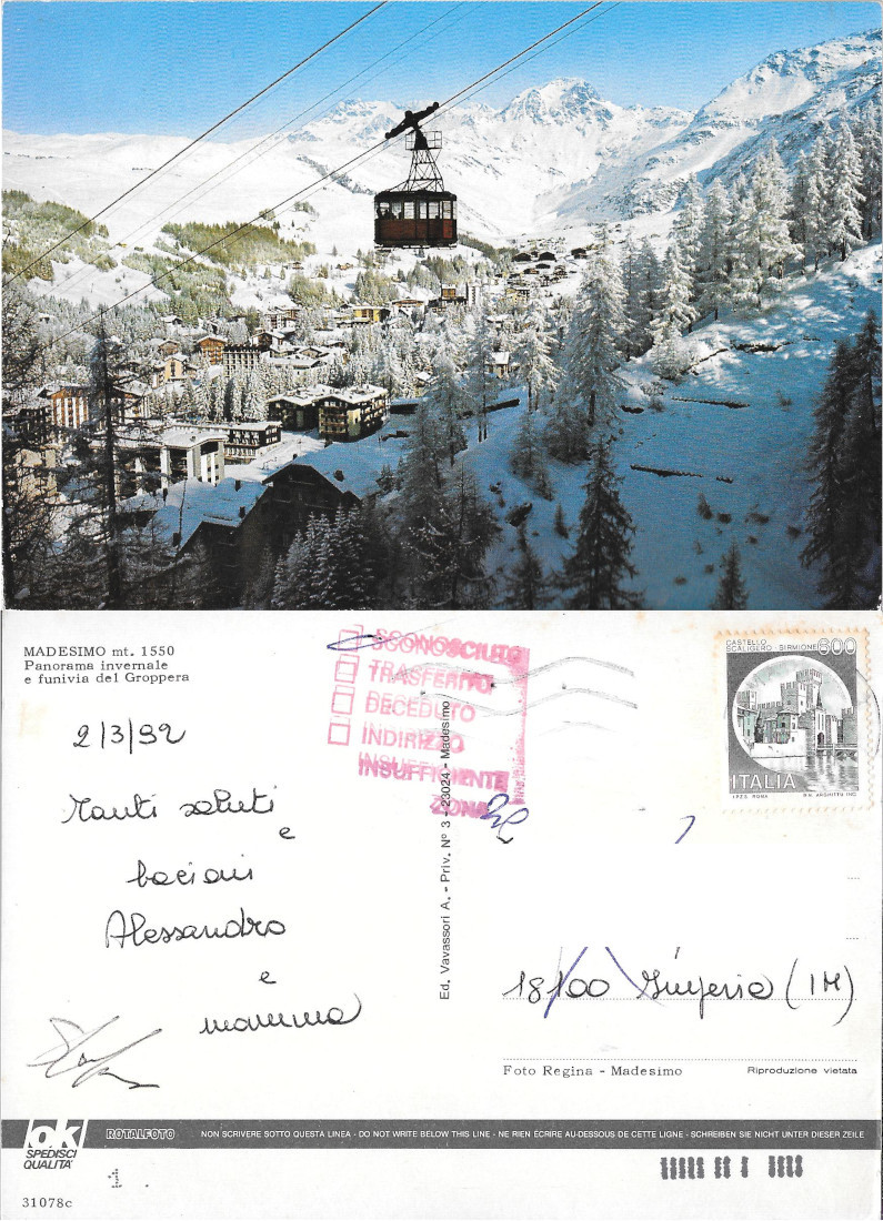 Madesimo. Panorama invernale e funivia del Groppera. Viaggiata 1992