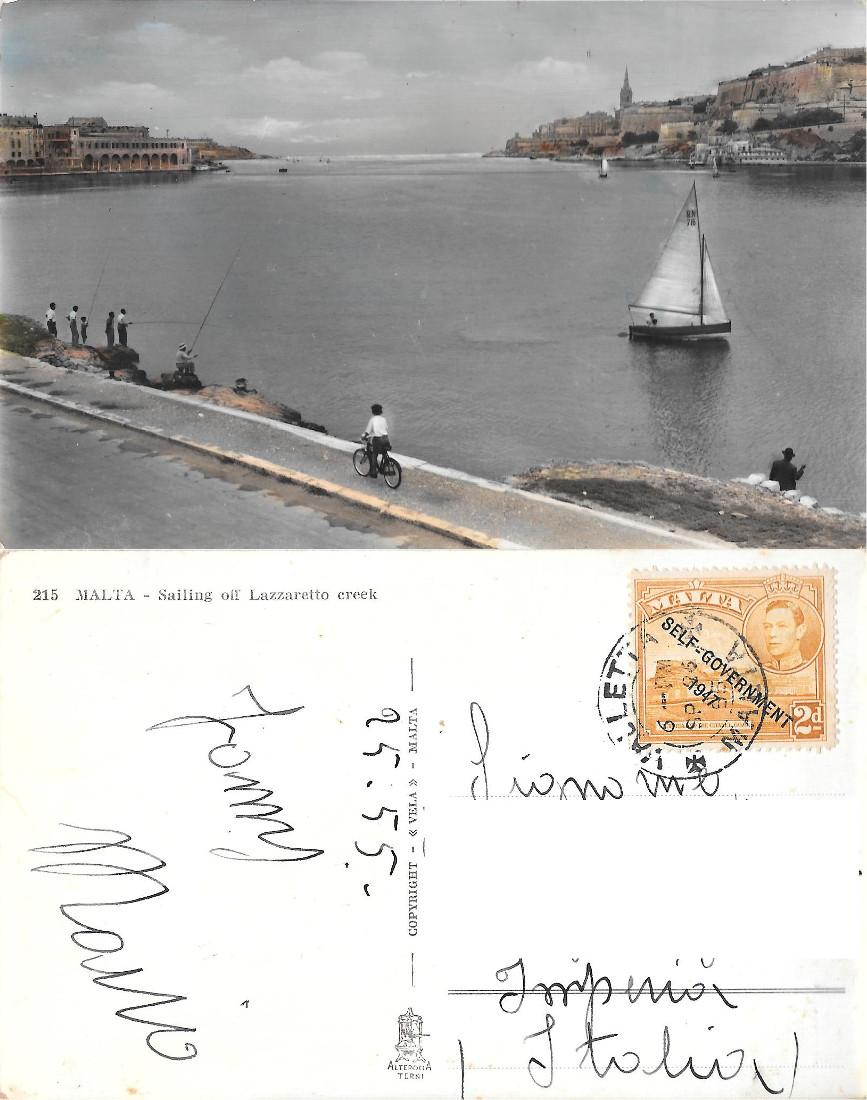 Malta. Sailing off Lazzaretto creek. Viaggiata 1955, francobollo sovrastampa 1947
