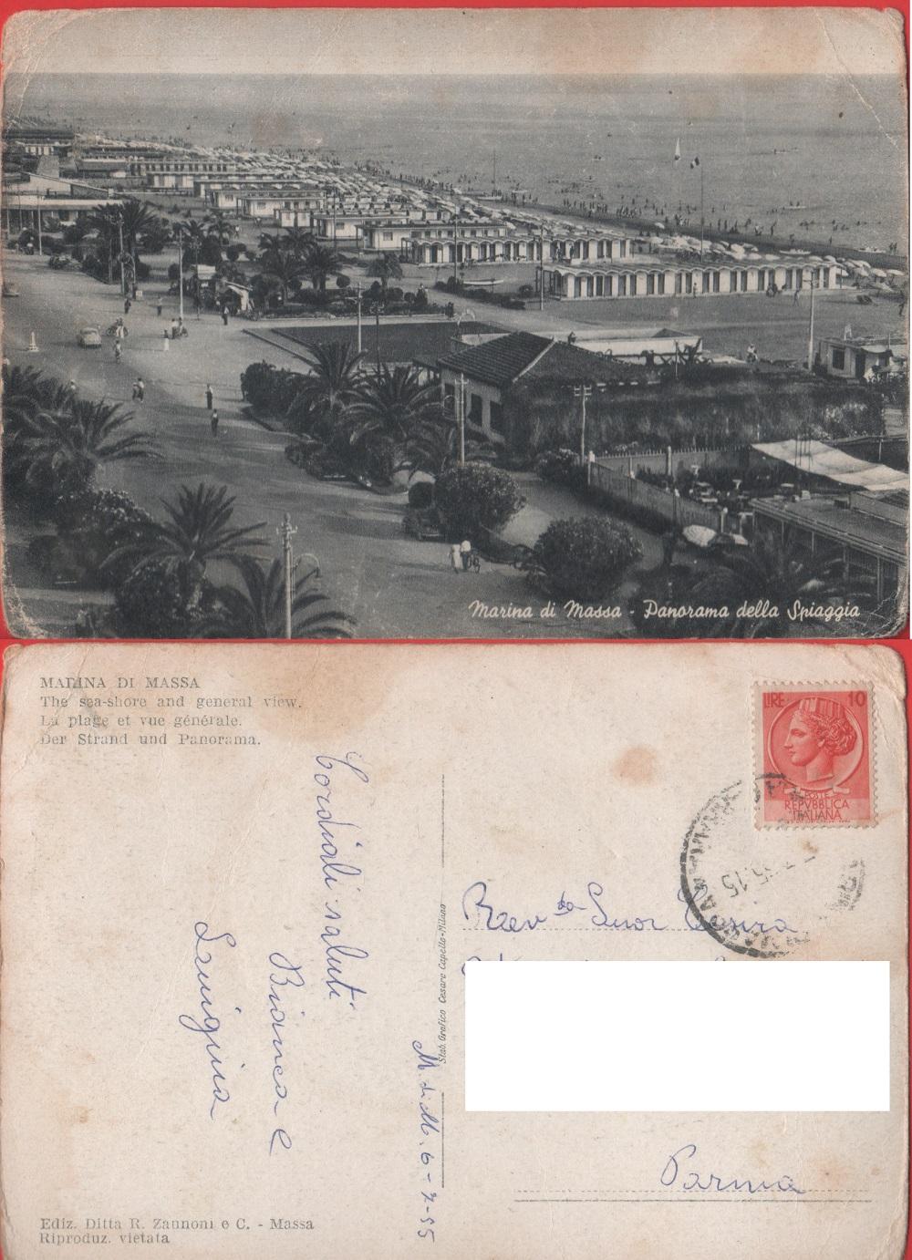 Marina di Massa. Panorama della spiaggia. Viaggiata 1955