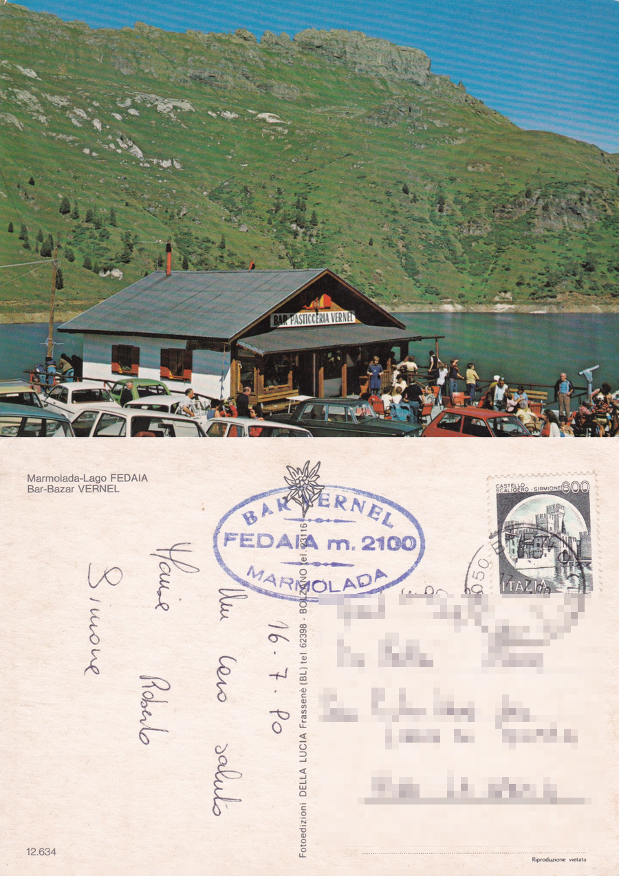 Marmolada, Lago Fedaia. Bar-Bazar Vernel. Viaggiata 1990