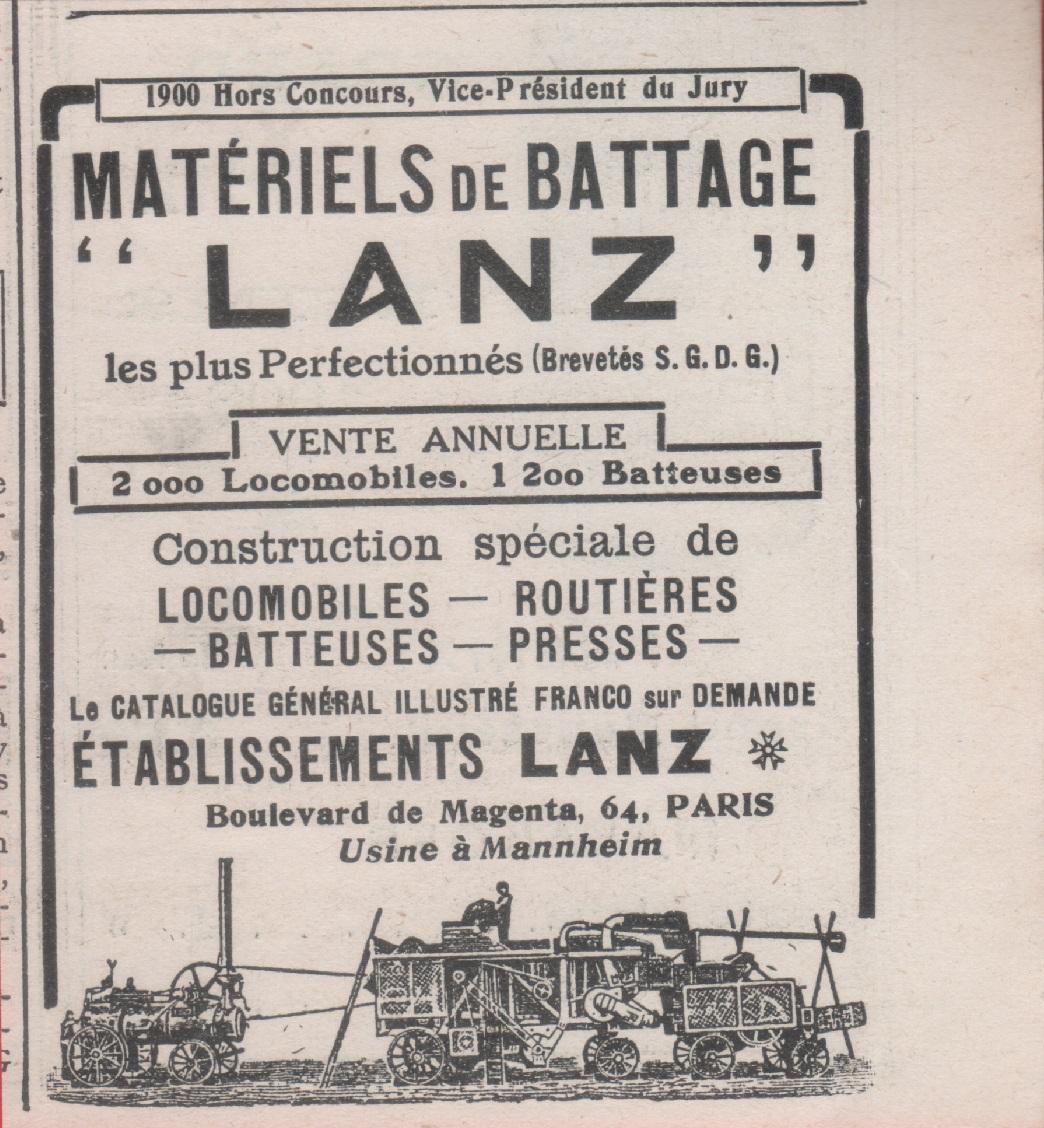 Materiels de battage Lanz. Paris. Advertising 1912
