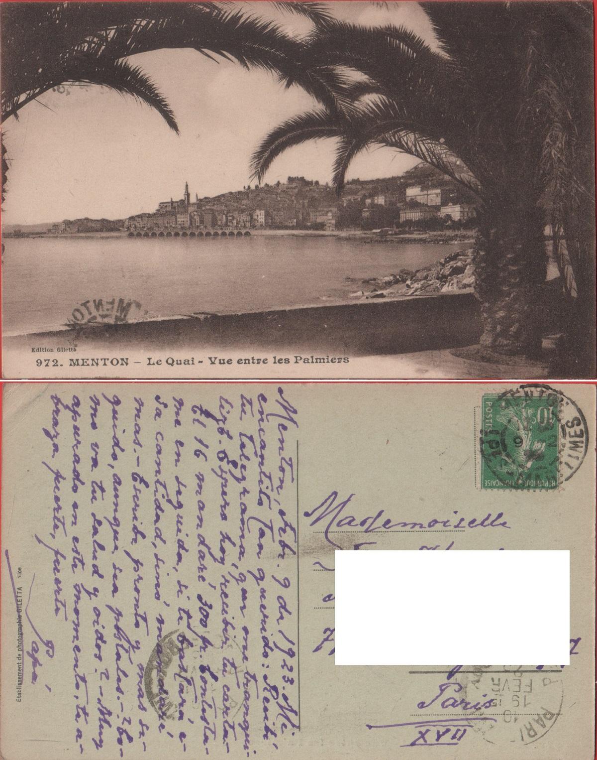 Menton. Le Quai. Vue entre les Palmiers. Viaggiata 1923