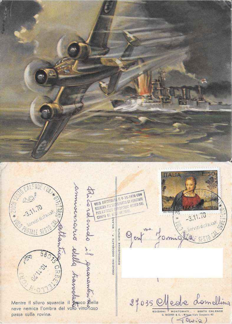 Mentre il siluro... Volo postale Sesto Calende Viaggiata 1970