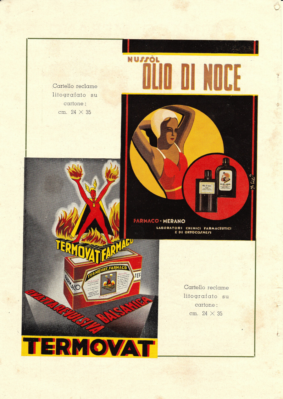 Merano. Nussol olio di noce, Termovat/Pigmentan. Advertising 1939