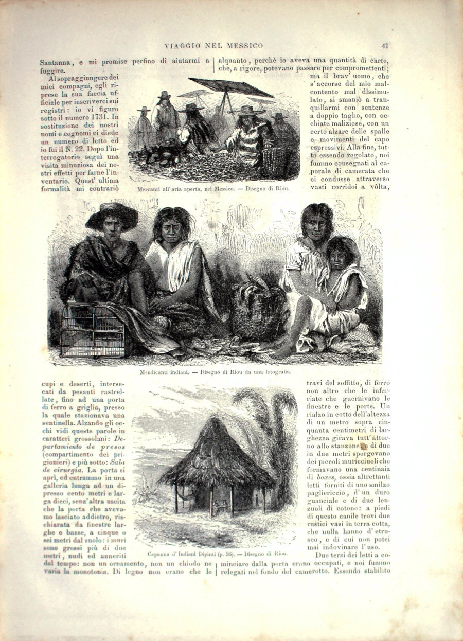 Messico: Mercanti all'aria aperta; Mendicanti indiani; Capanna d'Indiani. Stampa 1864