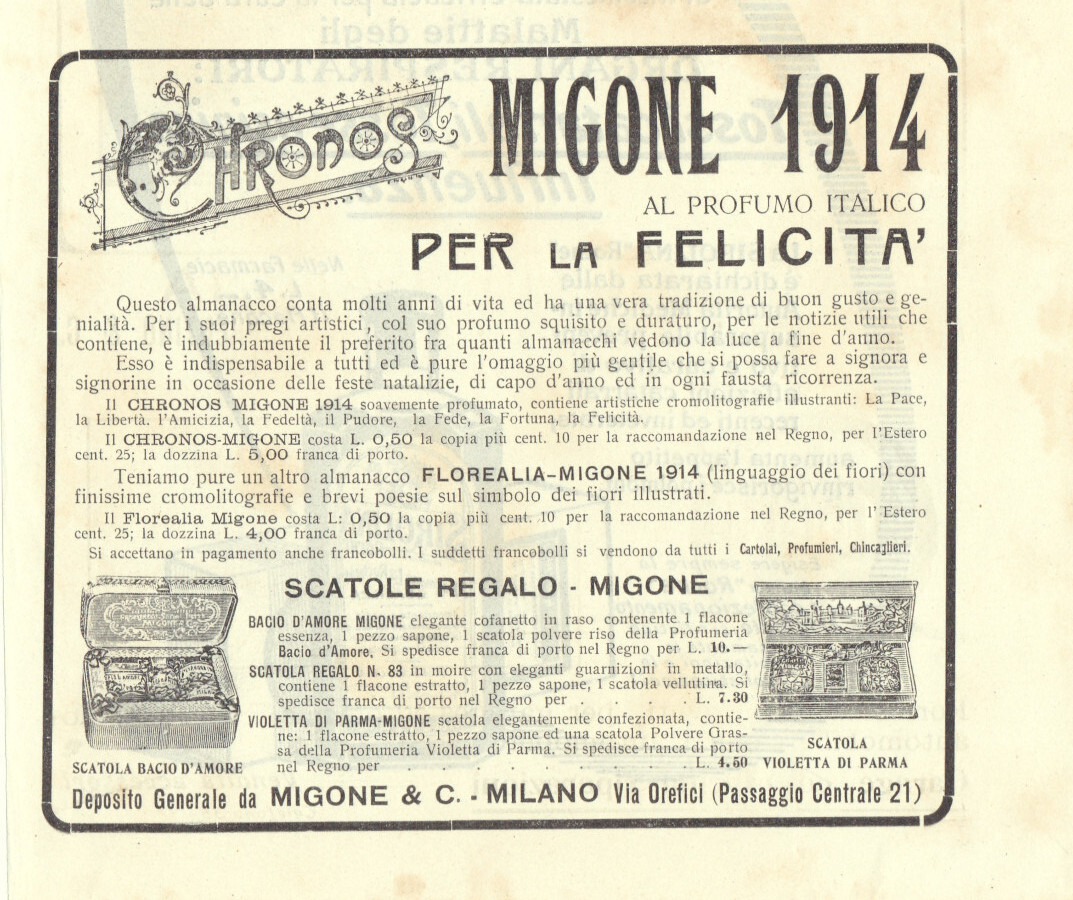 Migone 1914 al profumo italico per la felicità. Advertising 1913