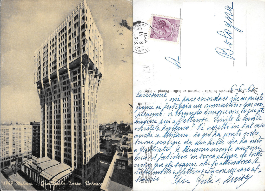 Milano. Grattacielo Torre Velasco. Viaggiata 1961