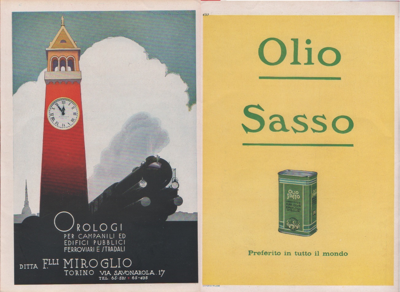 Miroglio orologi per campanili, edifici / Olio Sasso. Advertising 1937