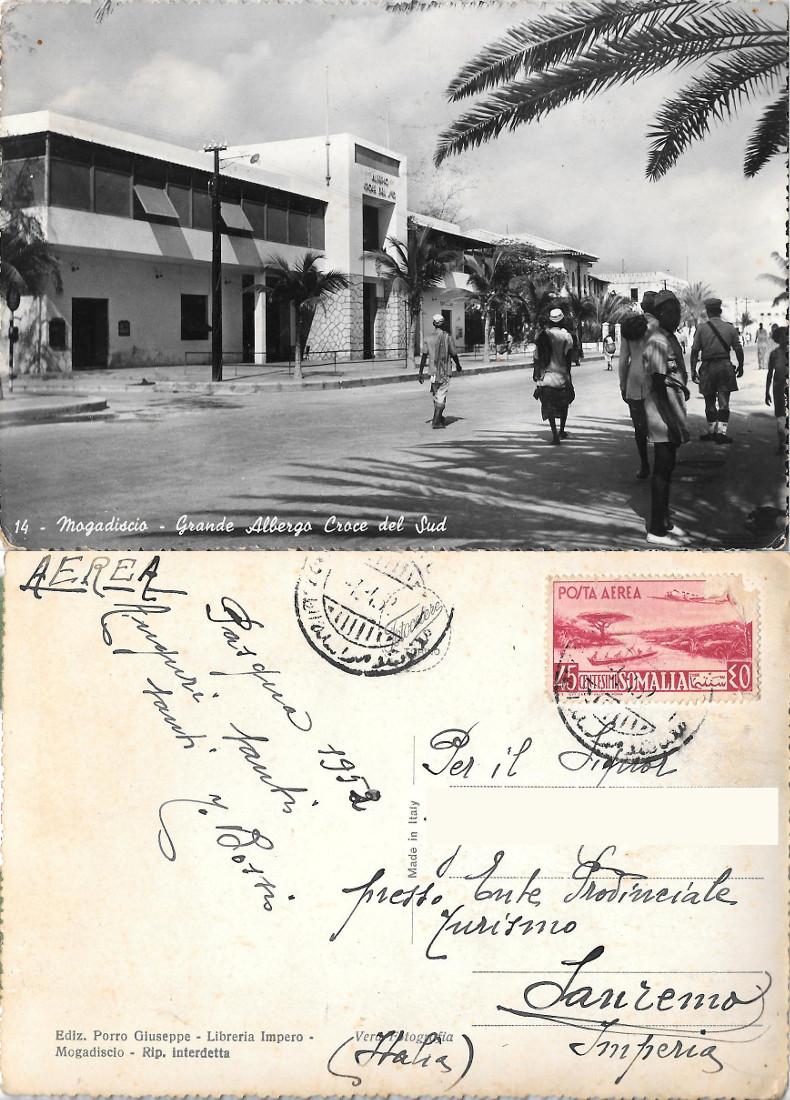 Mogadiscio. Grande Albergo Croce del Sud. Fotocelere. Viaggiata 1952. Animata