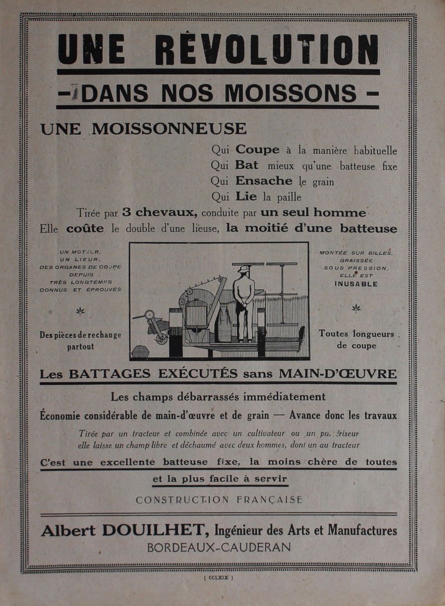 Moissonneuse Albert Douilhet, Bordeaux-Cauderan. Advertising 1926