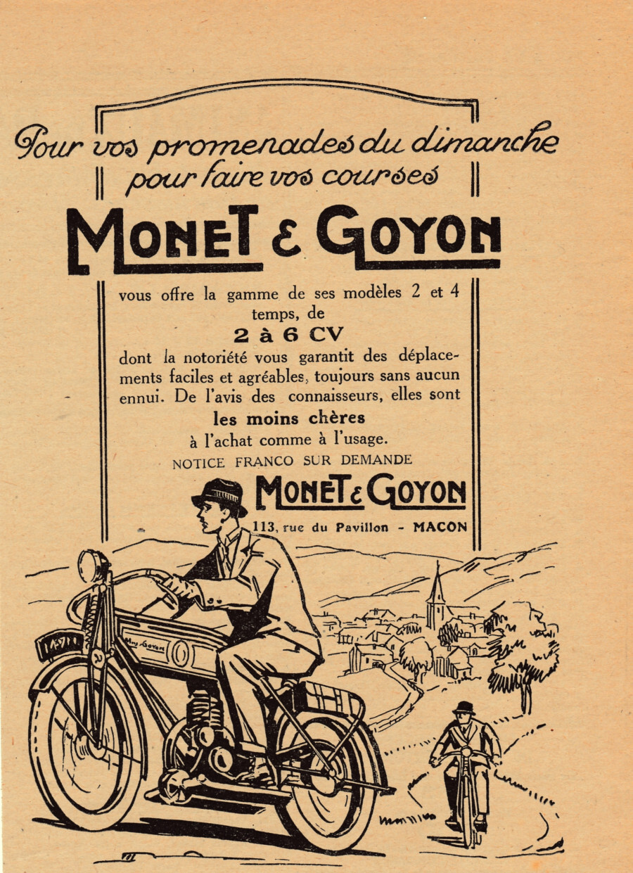Monet&amp;Goyon gamme da 2 a 6 cv. Advertising 1927
