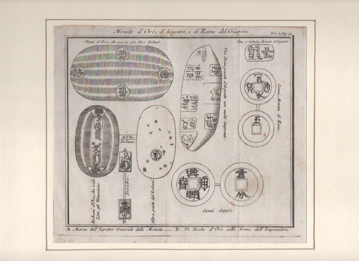 Monete d'oro, d'argento, e di rame del Giapone. stampa 1738