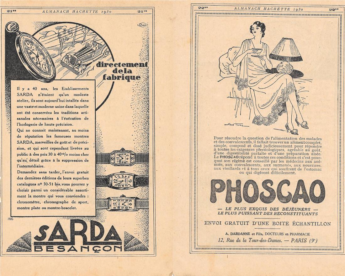 Montres Sarda / Phoscao. Pubblicita 1930, fronte retro