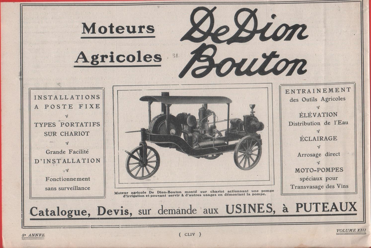 Moteurs agricoles DeDion Buton. Advertising 1912