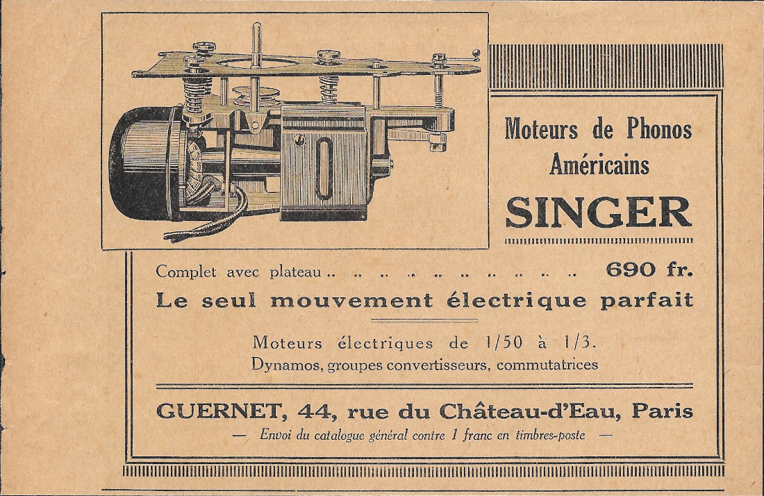 Moteurs de Phonos Américains Singer - Advertising 1930
