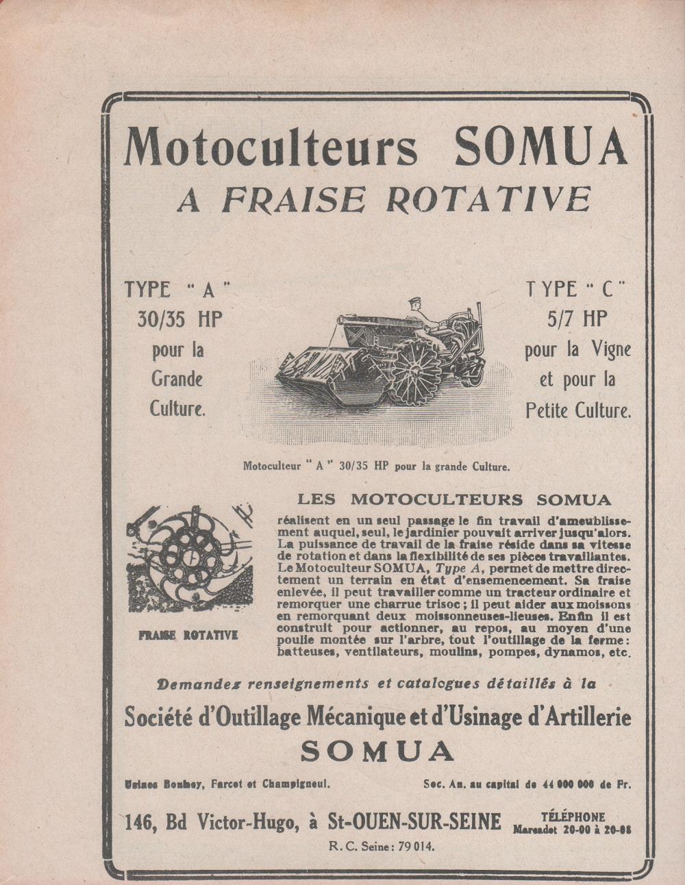 Motoculteurs SOMUA a fraise rotative. Advertising 1924