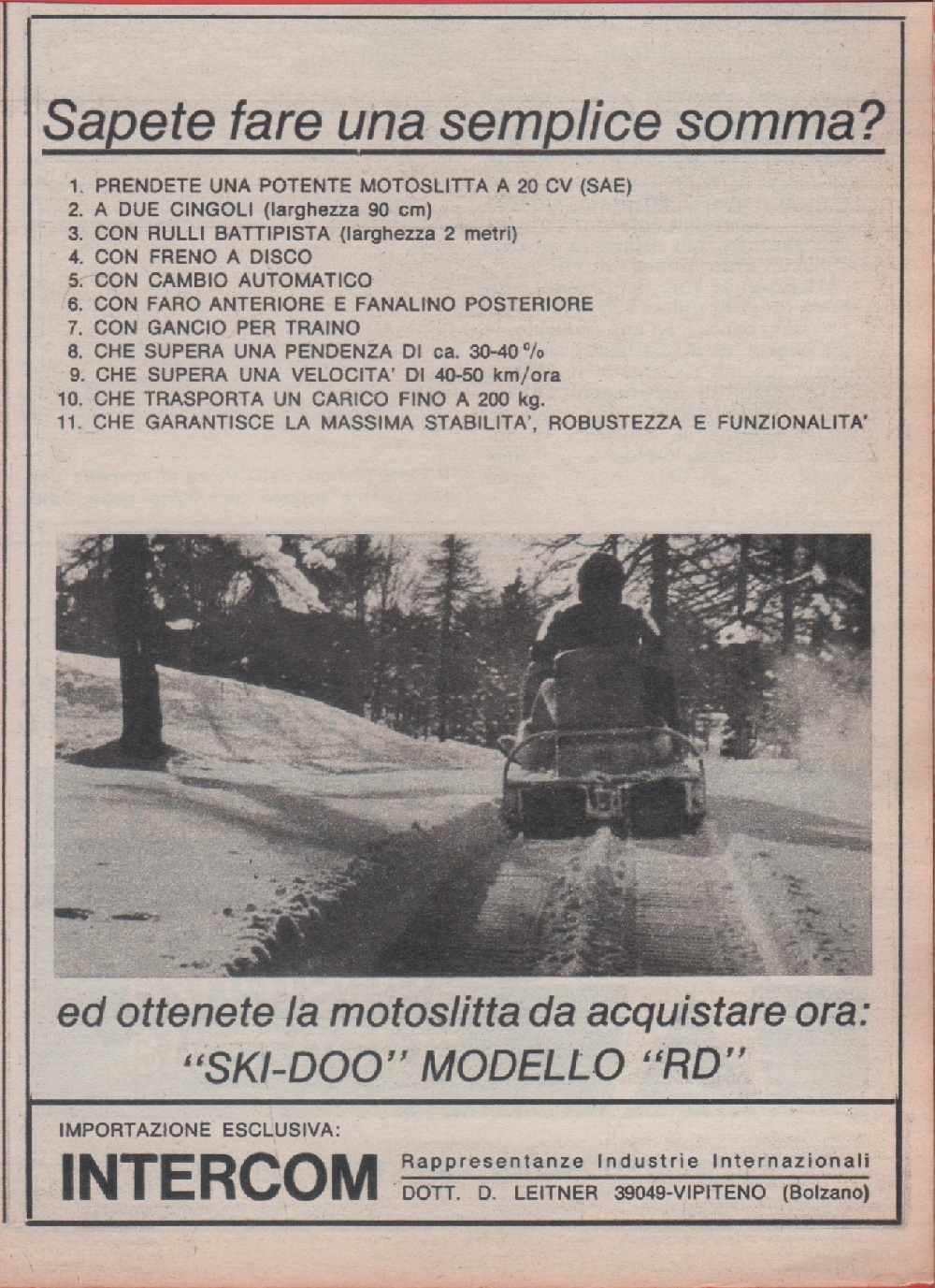 Motoslitta Ski-Doo modello RD. Advertising 1968