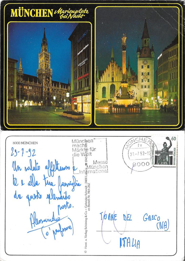Munchen. Marienplatz bei Nacht. Viaggiata 1992