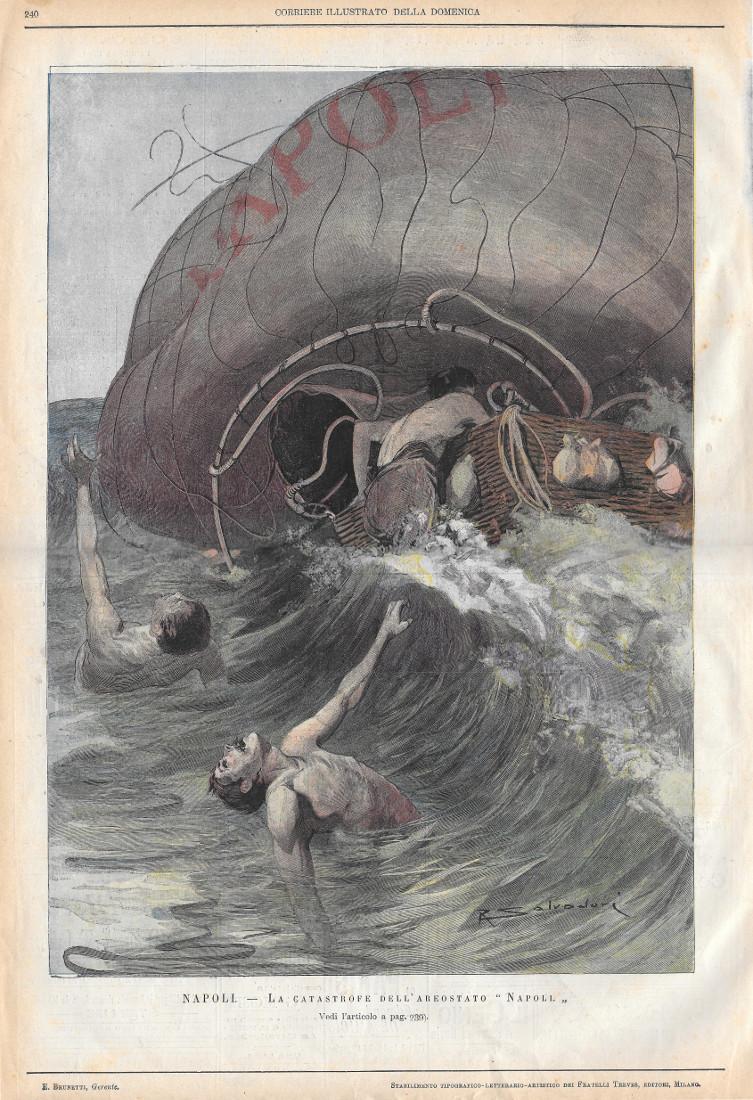 Napoli. La catastrofe dell'aerostato Napoli (ill. R. Salvadori). Stampa 1900