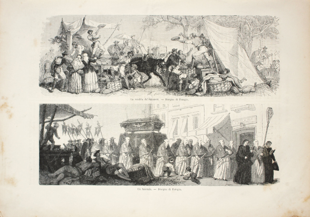 Napoli: La vendita de' cocomeri; Un funerale. Stampa 1863