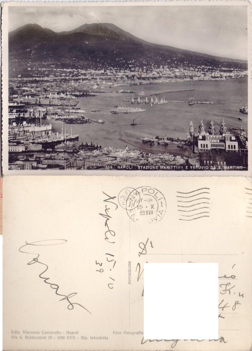 Napoli. Stazione Marittima e Vesuvio da S. Martino. Viaggiata 1939