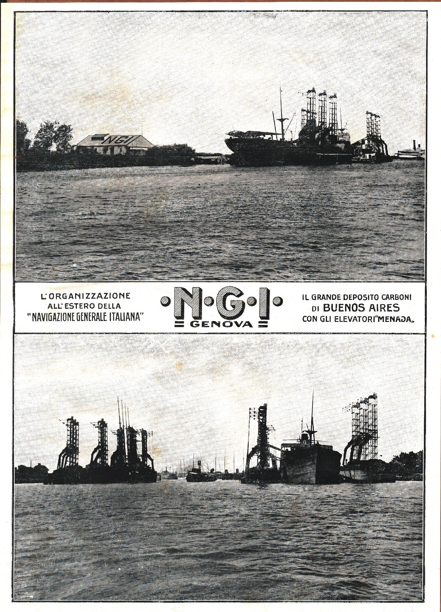 Navigazione Generale Italiana. Deposito carboni di Buenos Aires. Advertising 1920
