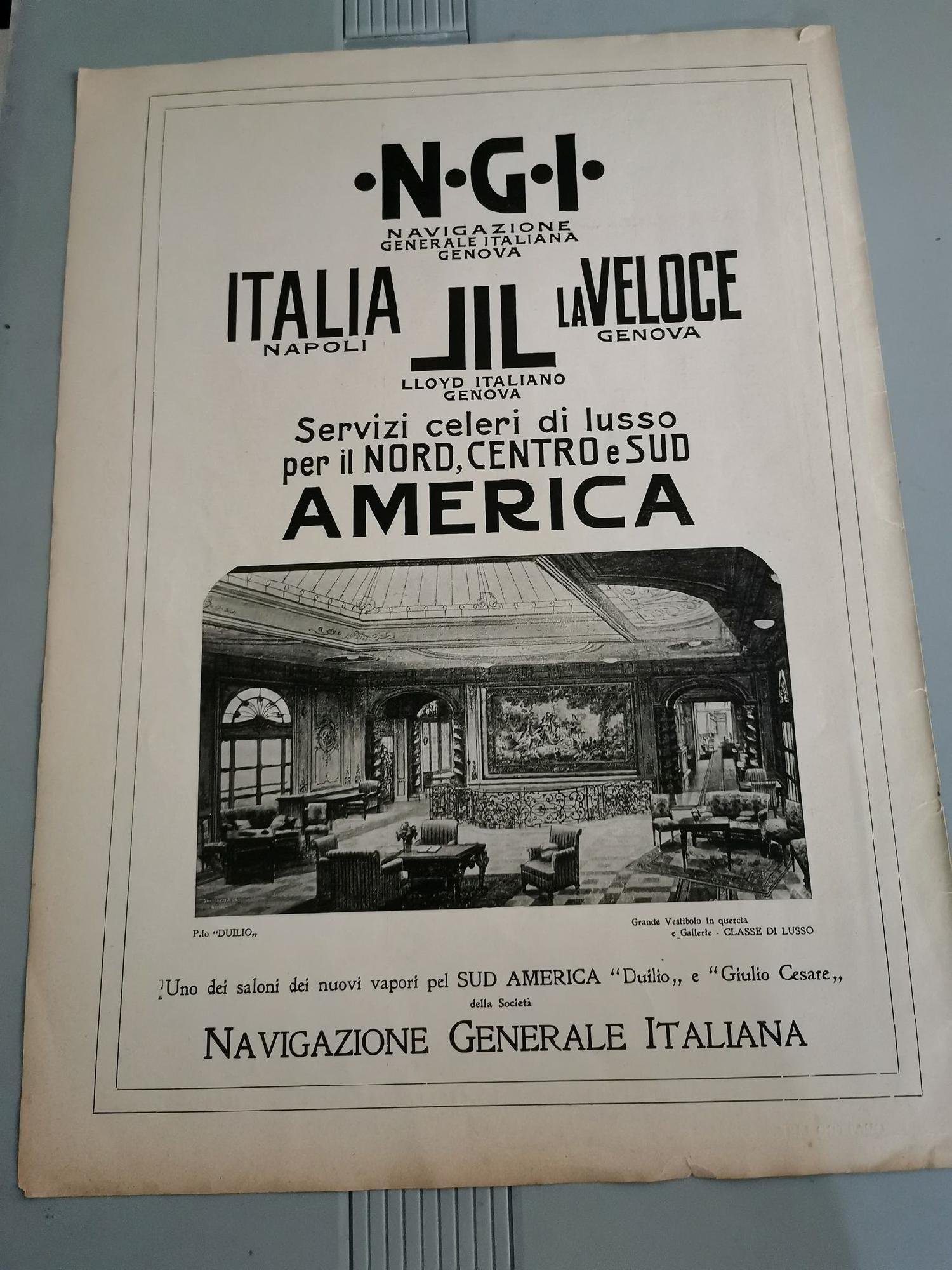 Navigazione Generale Italiana (foto: salone del Duilio). Advertising 1916