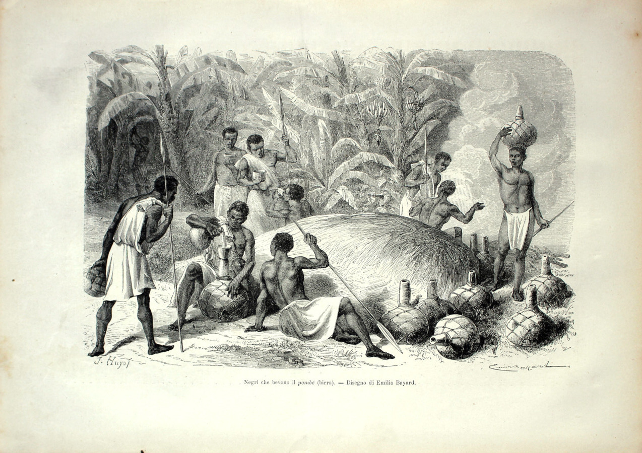 Negri che bevono il pombé (birra). Uganda. Stampa 1864