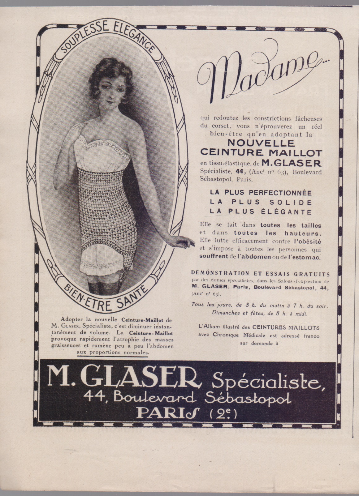 Nouvelle ceinture maillot de M. Glazer. Advertising 1924