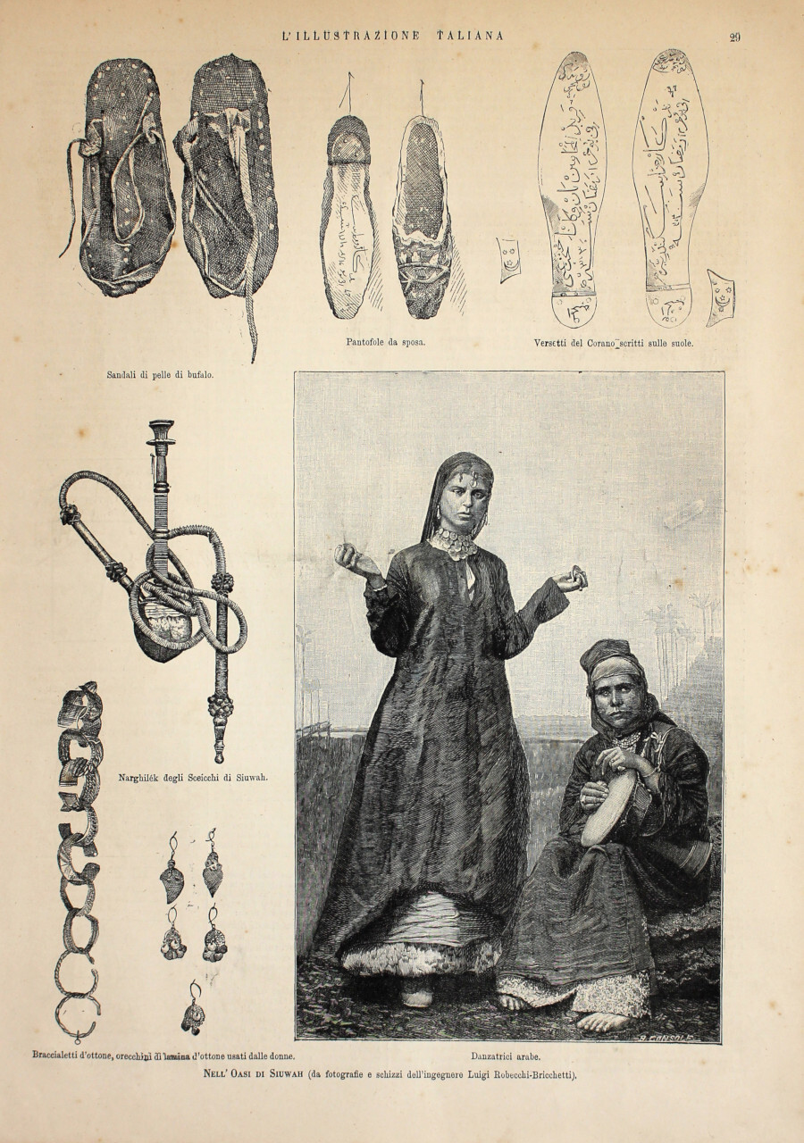 Oasi di Siuwah (Siwa, Egitto). Danzatrici arabe; Oggetti. Stampa 1889