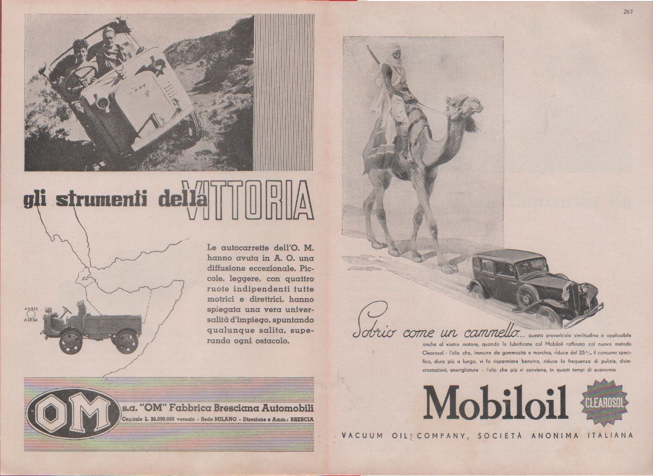 OM gli strumenti della vittoria / Mobiloil Clearsol. Advertising 1937
