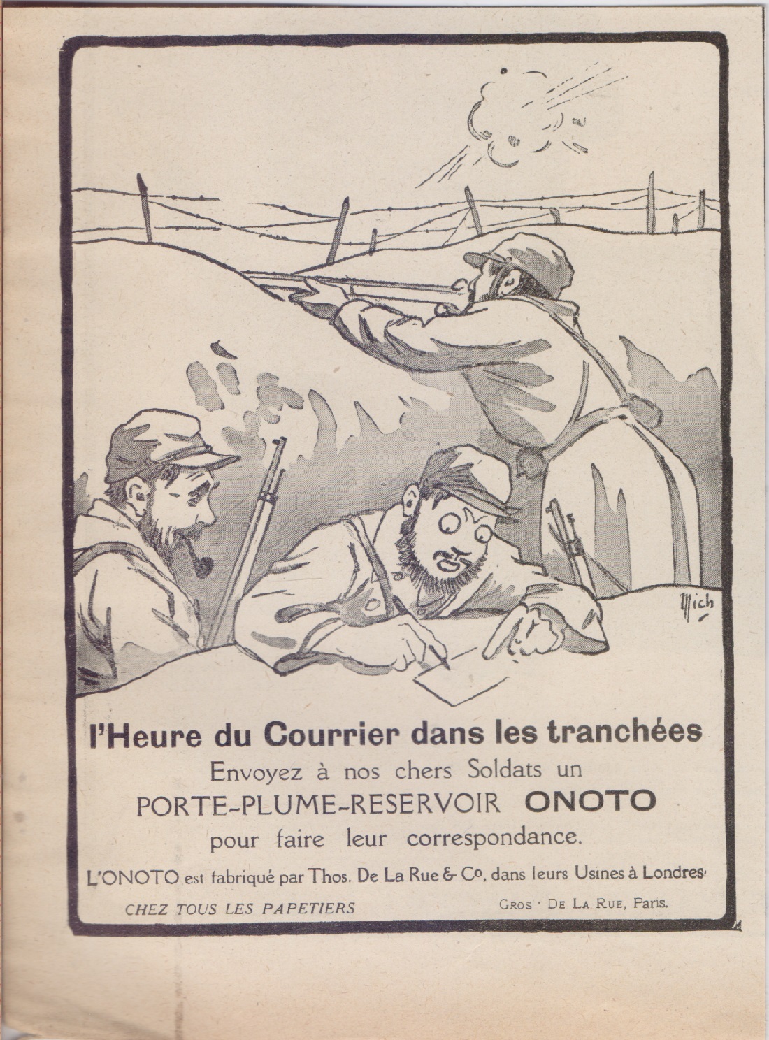 Onoto. L'heur du courier dans les tranchees. Advertising 1915