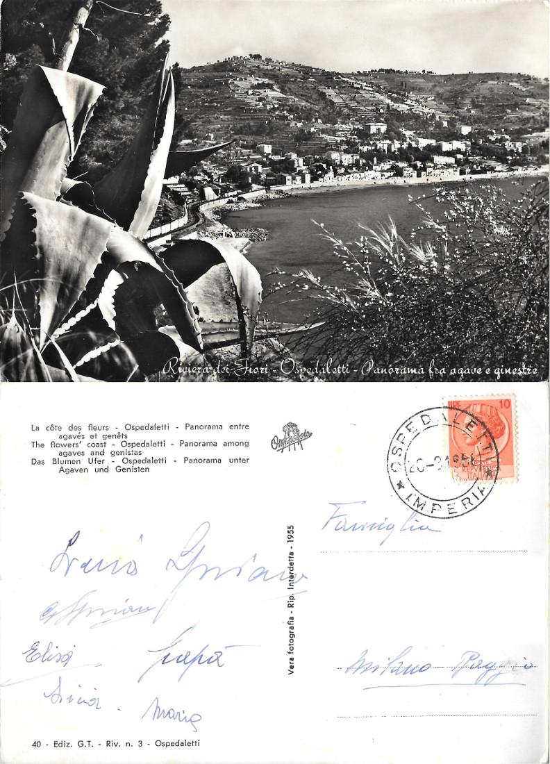 Ospedaletti (IM). Panorama fra agave e ginestre. Viaggiata 1956