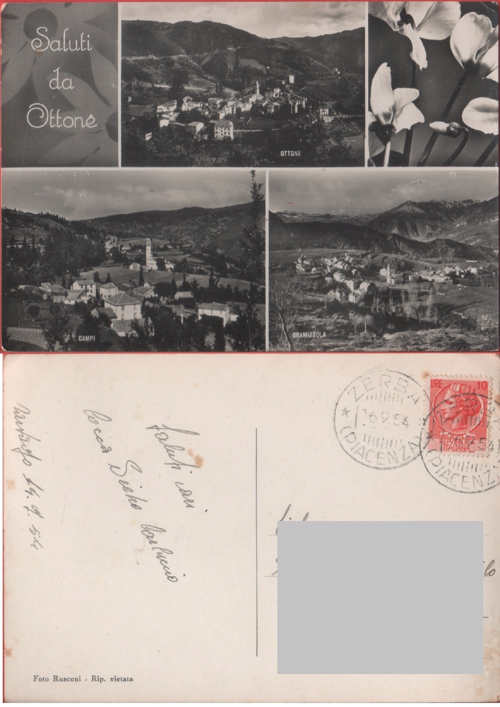 Ottone (PC). Saluti. Viaggiata 1954