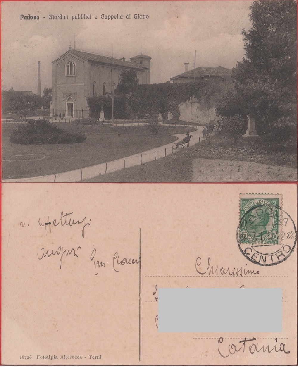 Padova. Giardini pubblici e Cappella di Giotto. Viaggiata 1922, ed. …