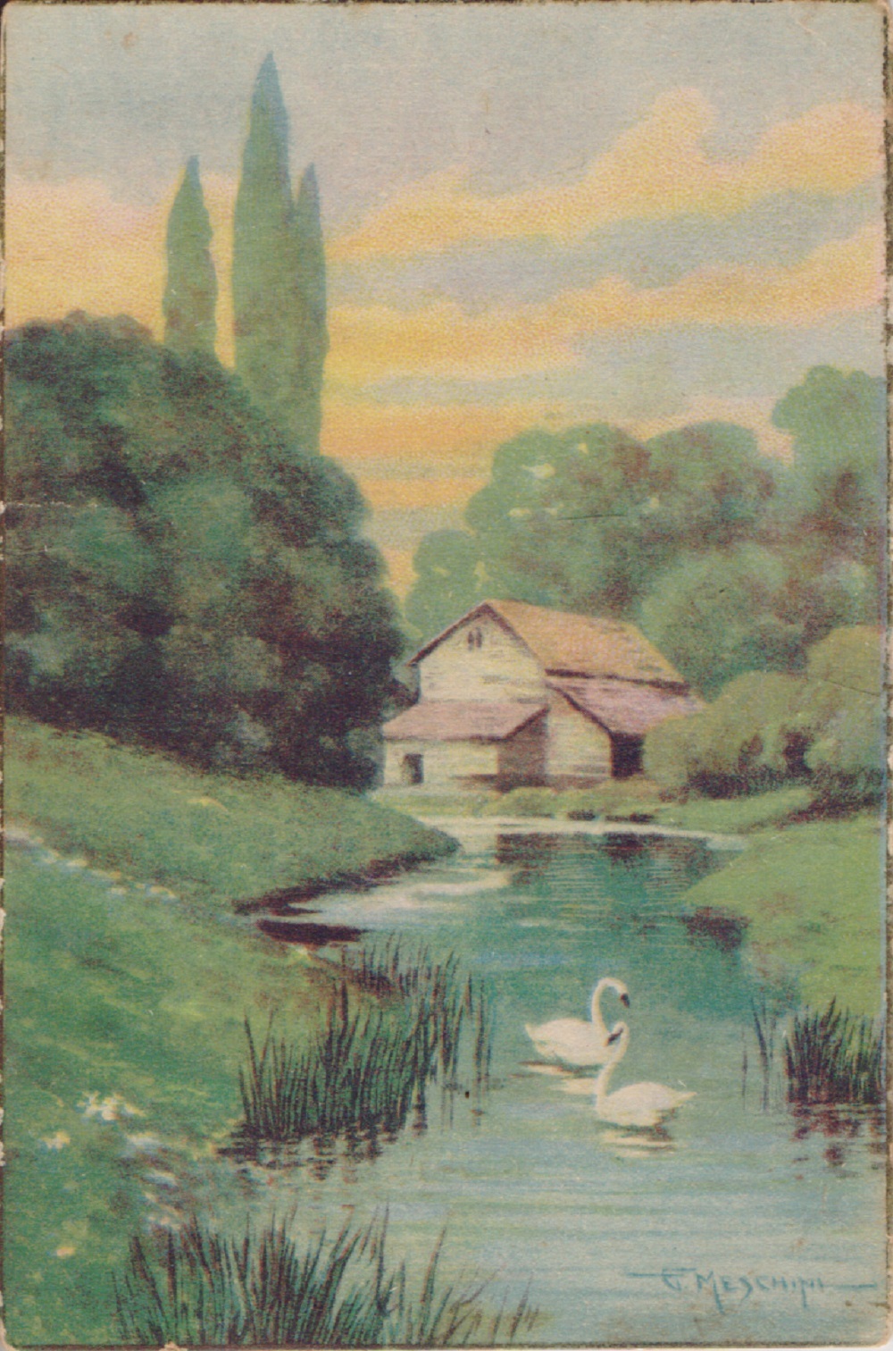 Paesaggio con cigni (dipinto). Viaggiata 1947