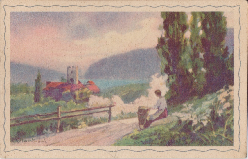Paesaggio con figura femminile (dipinto). Viaggiata 1942