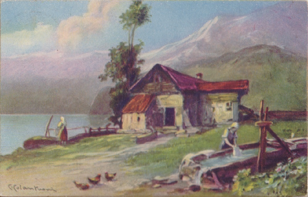 Paesaggio montano con lavatoio. Viaggiata 1937