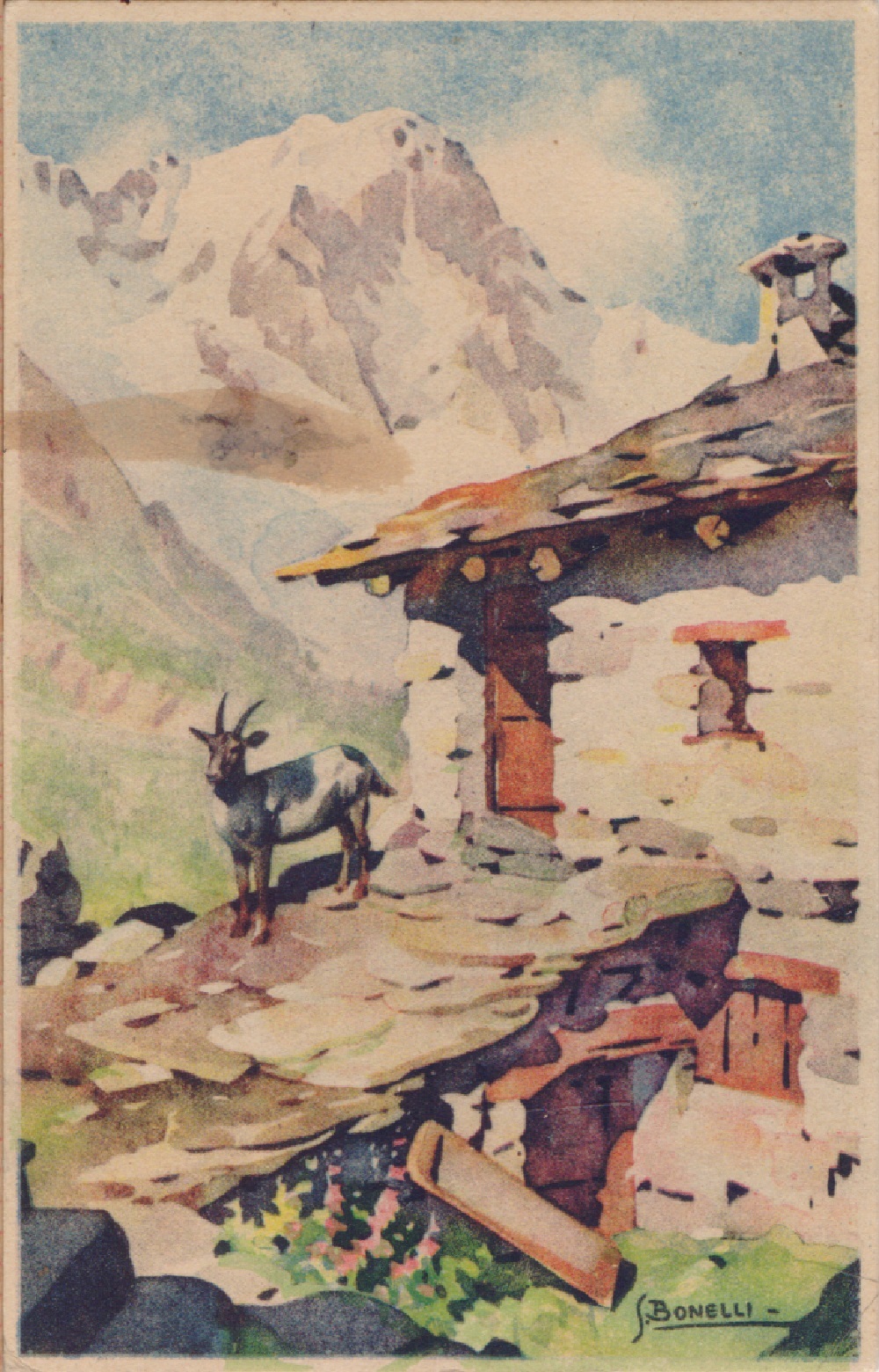 Paesaggio montano (dipinto di S. Bonelli). Viaggiata 1948