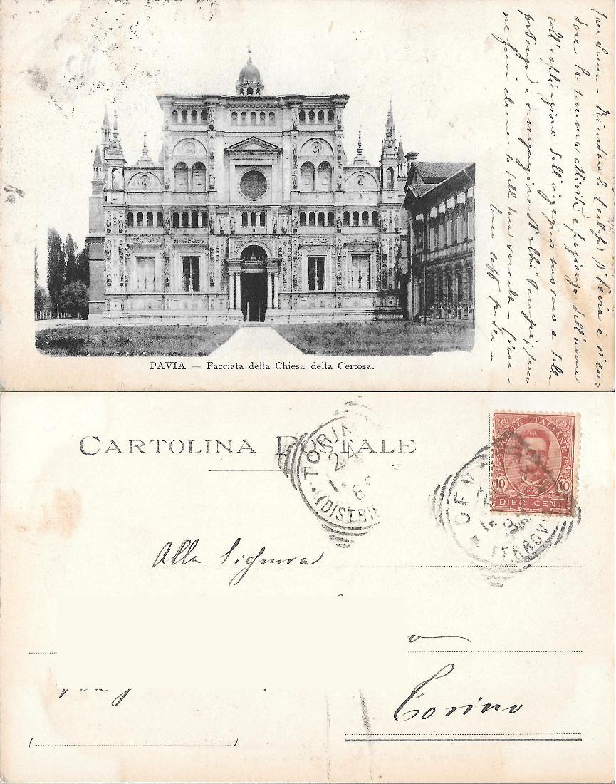 Pavia. Facciata della Chiesa della Certosa. Viaggiata