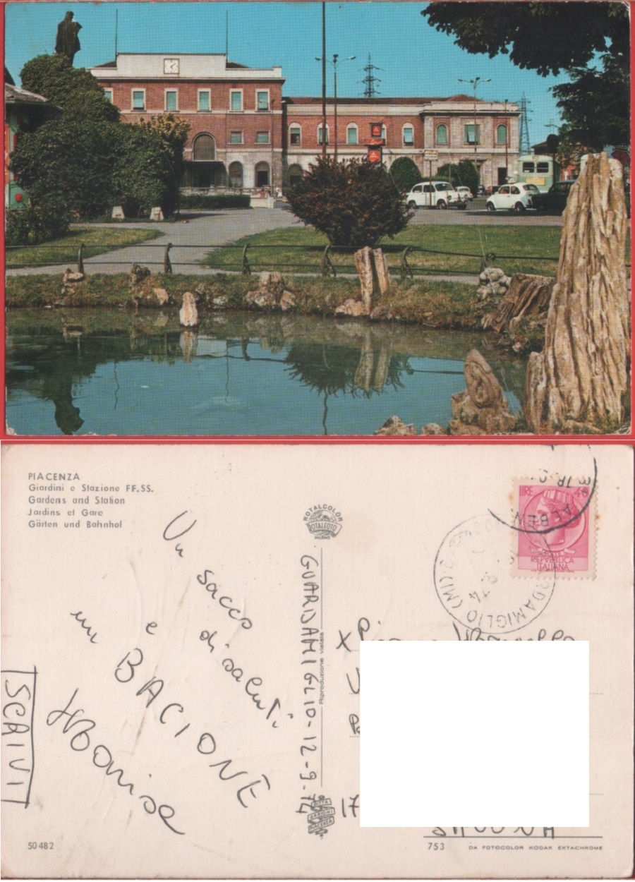 Piacenza. Giardini e Stazione FFSS. Viaggiata 1974