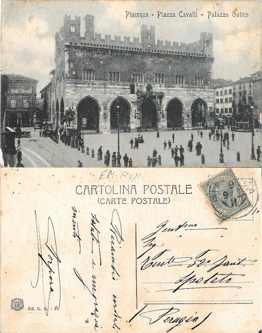 Piacenza. Piazza Cavalli. Palazzo Gotico. Ed. Saiga GE. Viaggiata 1911