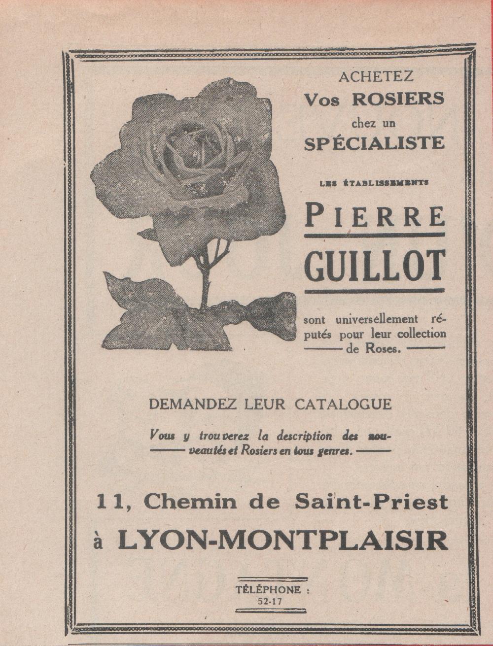 Pierre Guillot. Rosier. Lyon-Montplaisir. Advertising 1924
