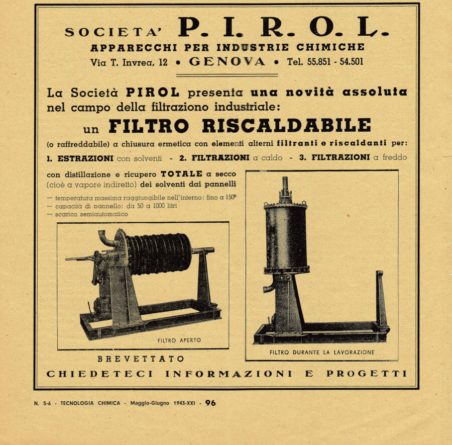 PIROL Genova. Apparecchi per le industrie chimiche. Advertising 1943