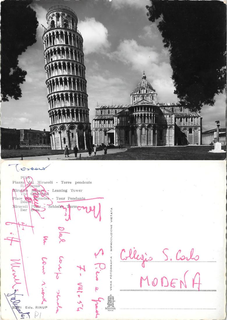 Pisa. Piazza dei Miracoli. Torre pendente. Viaggiata 1954