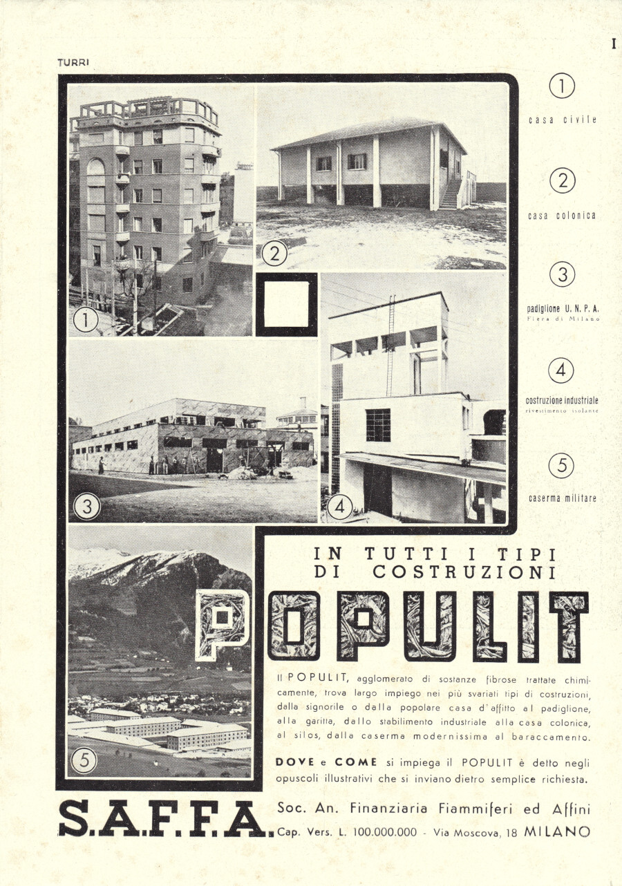 Populit Saffa in tutti i tipi di costruzioni. Advertising 1937